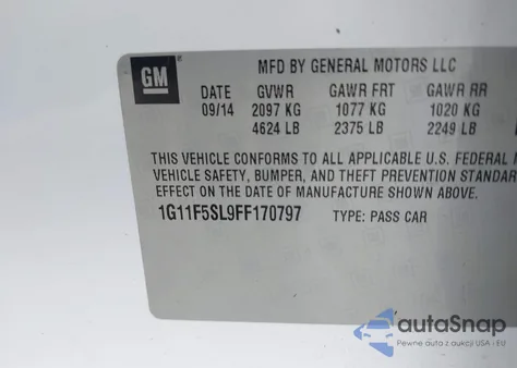 2015 Chevrolet Malibu 1Lz z USA, uszkodzony, nr VIN 1G11F5SL9FF170797